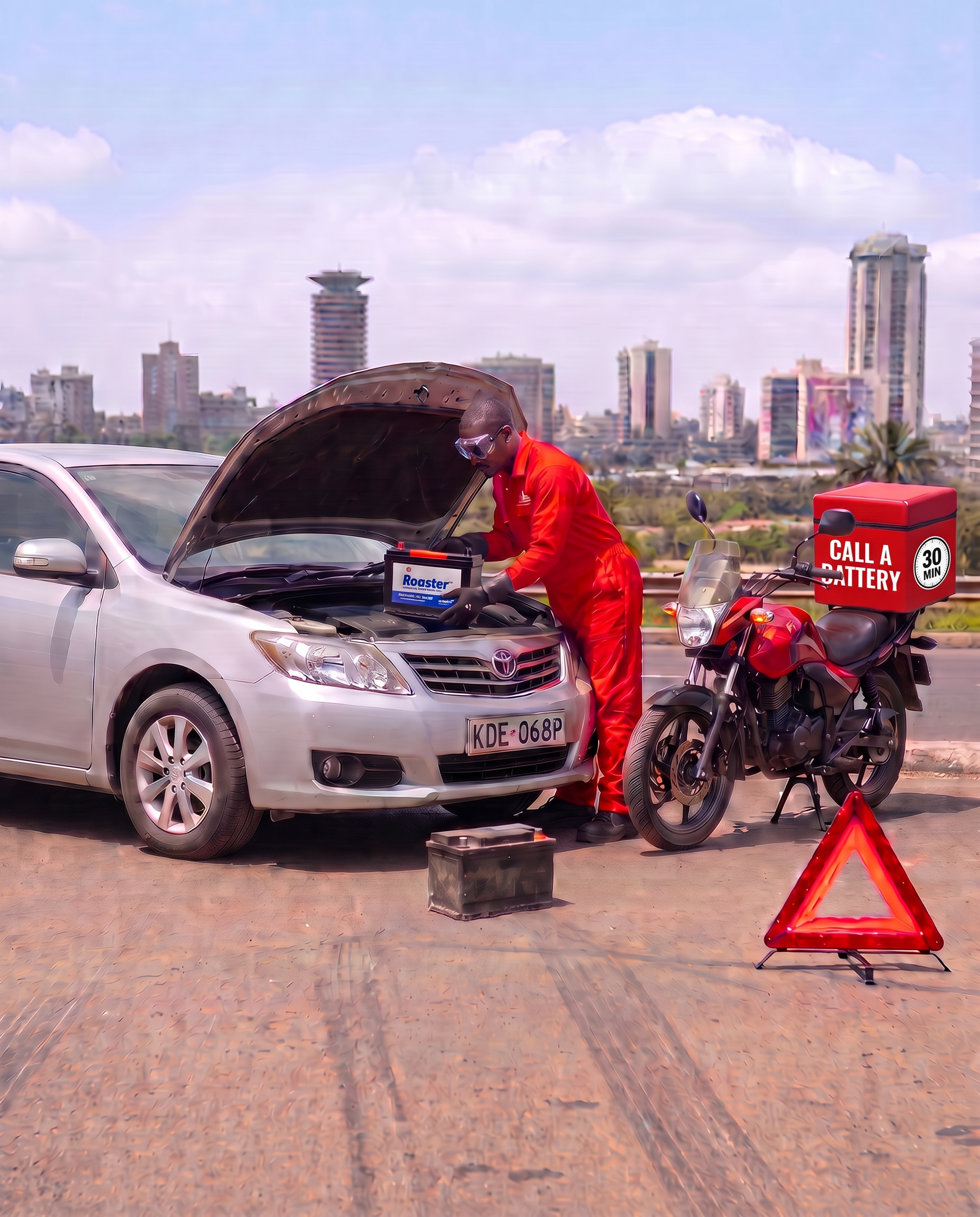 Call A Battery technician in a red uniform fitting a Booster car battery in Nairobi with a delivery motorcycle, removed old battery and roadside warning triangle